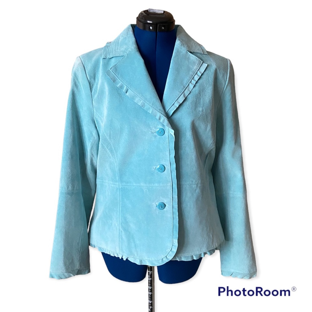 Parisian Blue Suede Leather Jacket with Ruffle Trim size Large 90’s